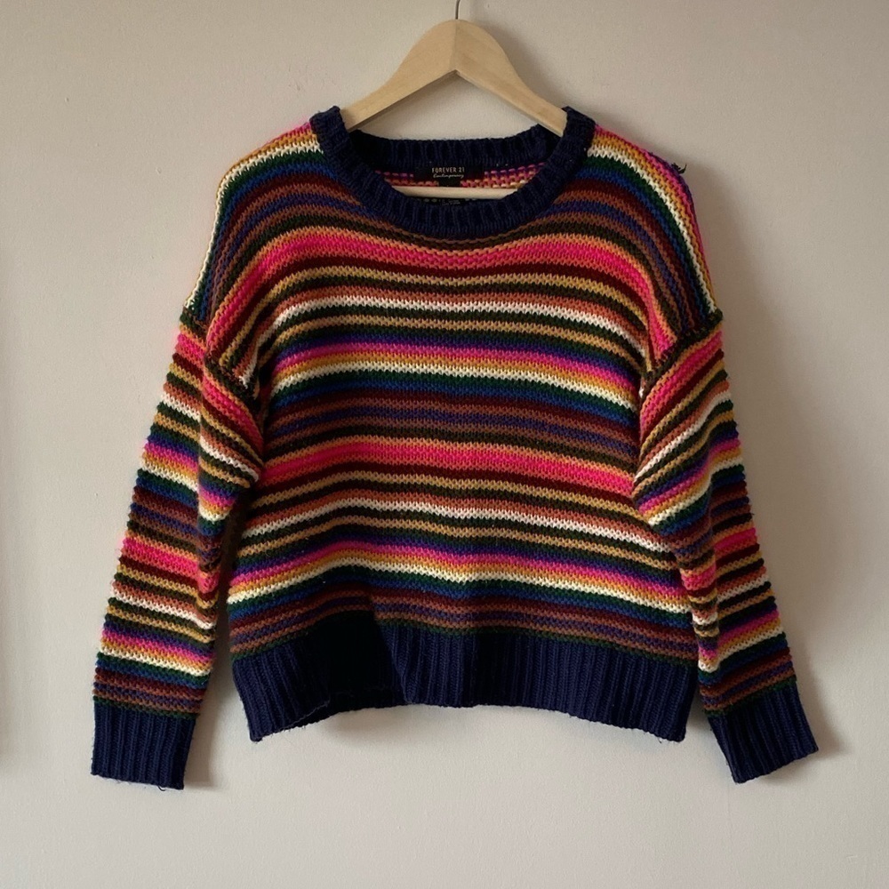 F21 contemporary rainbow multi color crochet knit‎ sweater. Small